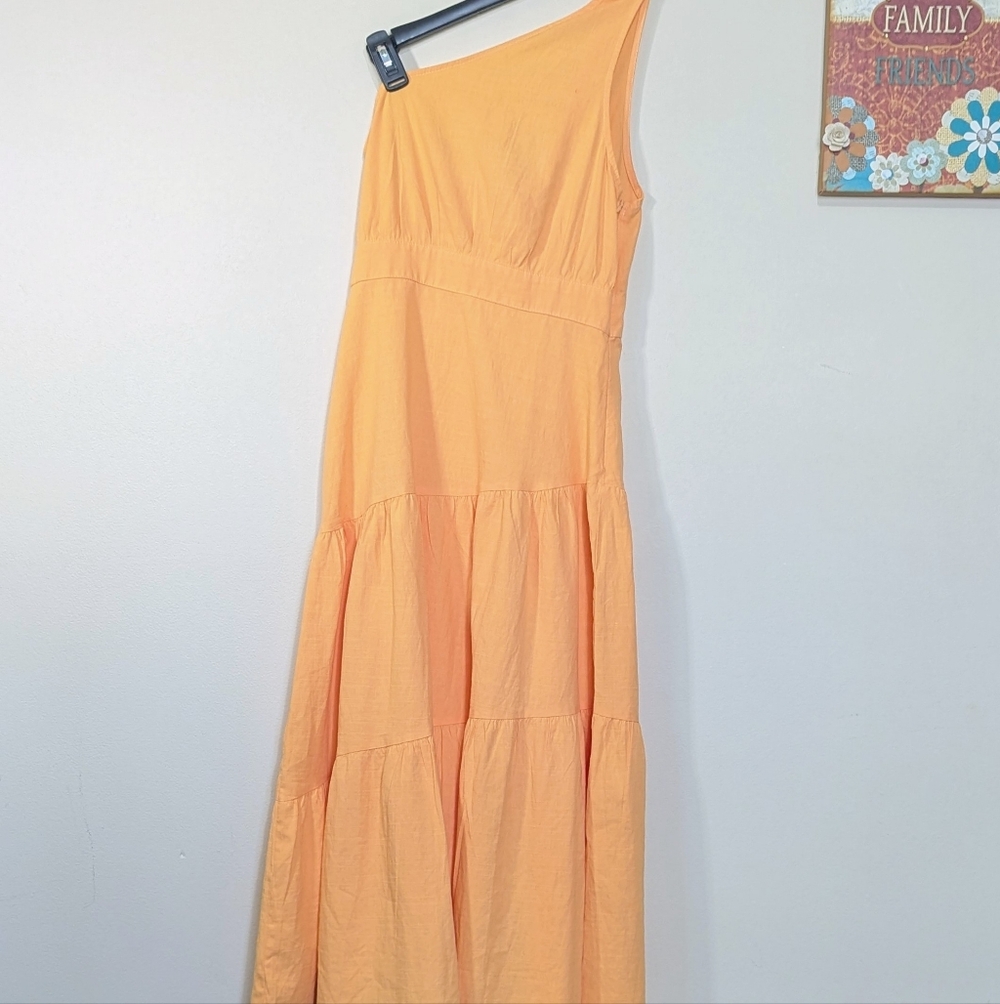 Petal & Pup One Shoulder Orange Tiered Midi Dress Size 2 !00% Cotton